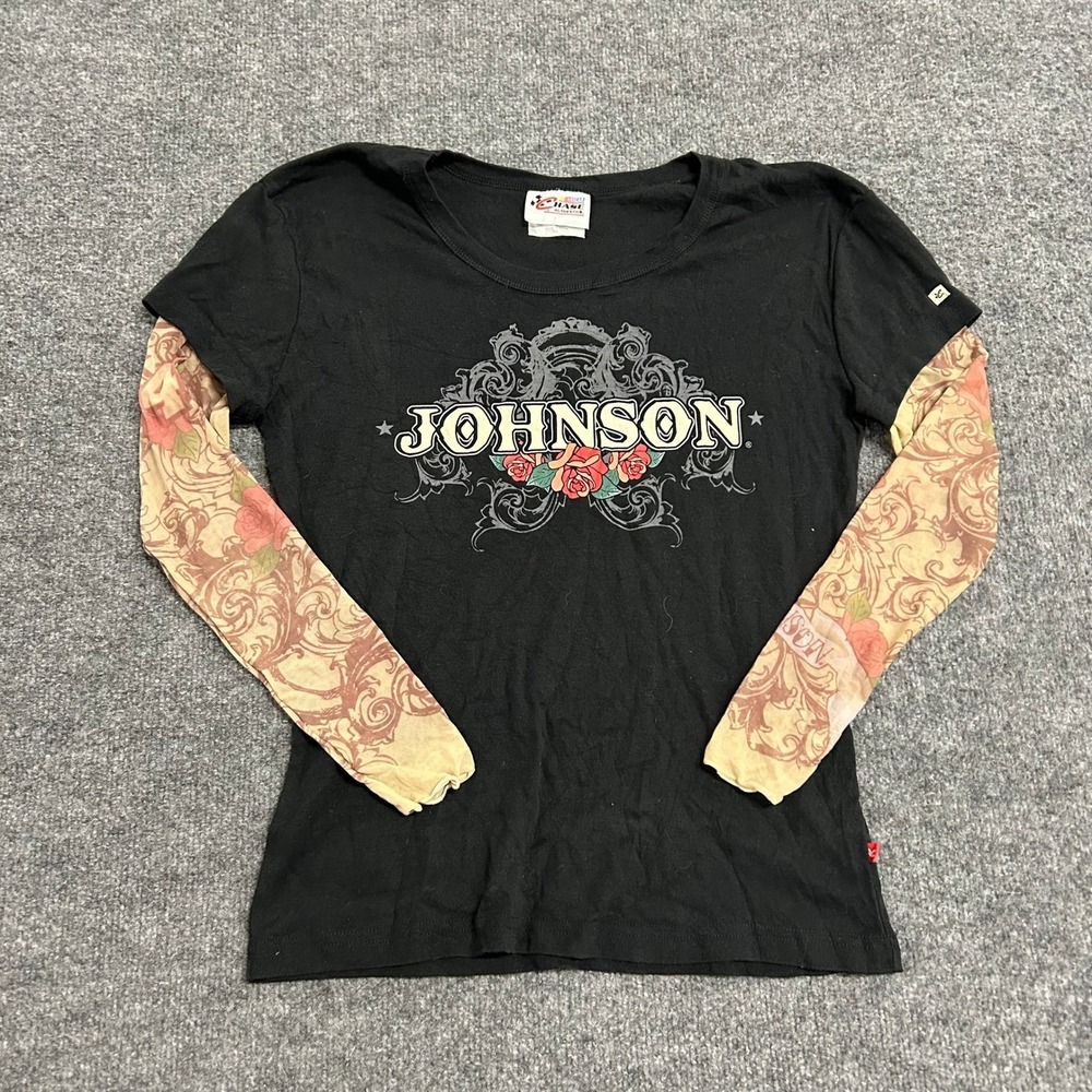 Chase Authentics Shirt Womens Size L Black NASCAR Jimmie Johnson Layered Y2K